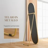 Specchio Verticale Ovale da Terra con Supporto, in Vetro e Metallo, 40x41x159 cm, Tonalità Oro