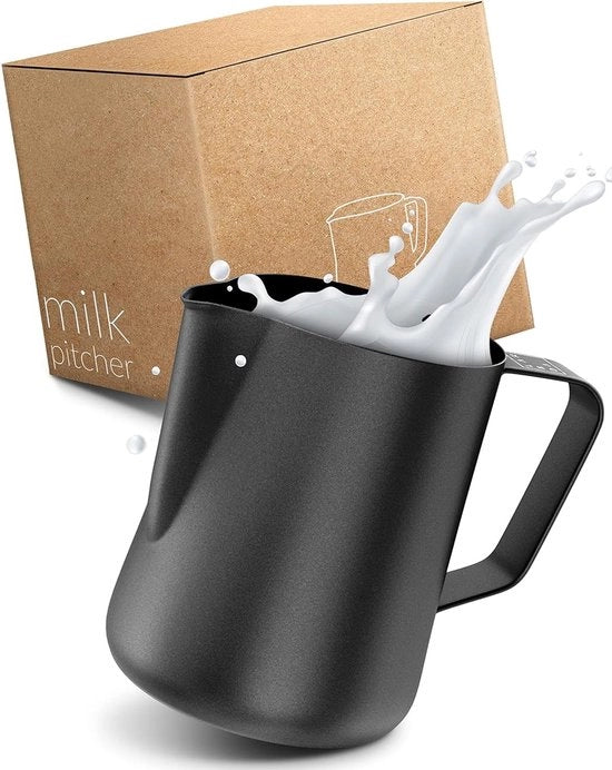 Melkkan per barista in Teflon, nero, per schiuma di latte, melkopschuimkan in acciaio inossidabile e per latte art, 150 ml