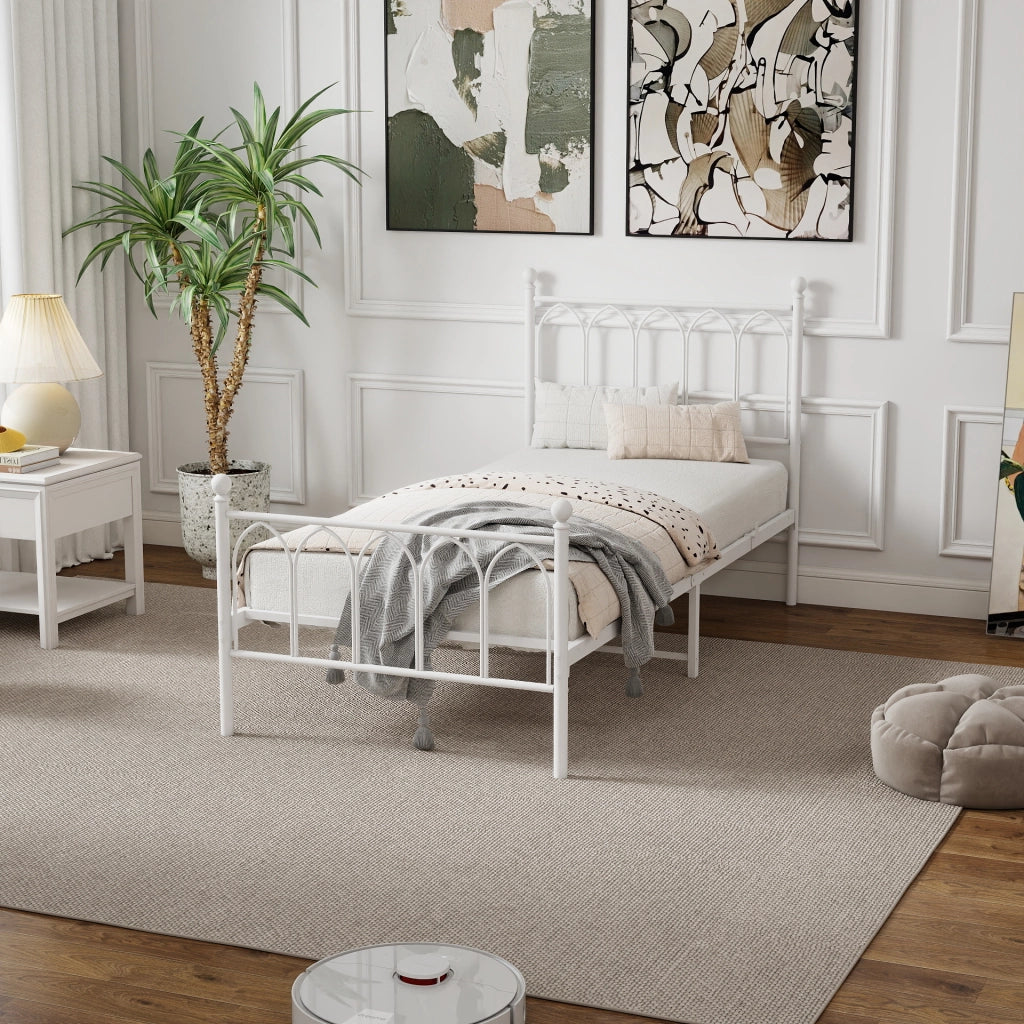 Letto singolo 90x200 cm in acciaio con rete a doghe e spazio sottoletto; bianco