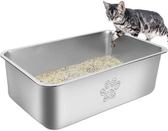 Cassetto per gatti in acciaio inossidabile, grande cassetto metallico per gatti, conguaglio d'acqua e rivestimento antiscivolo, adatto per gatti grandi e piccoli, conigli, tartarughe, 59,5 x 39,5 x 20 cm