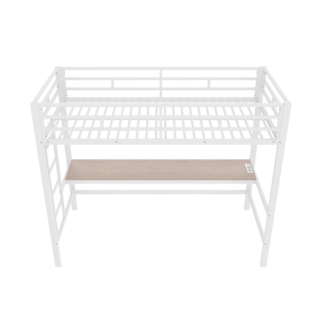 OKWISH Letto a Soppalco 90×200 cm, Letto Singolo con Scrivania, LED Regolabile e Porte USB Tipo C, senza Materasso, Metallo, Bianco