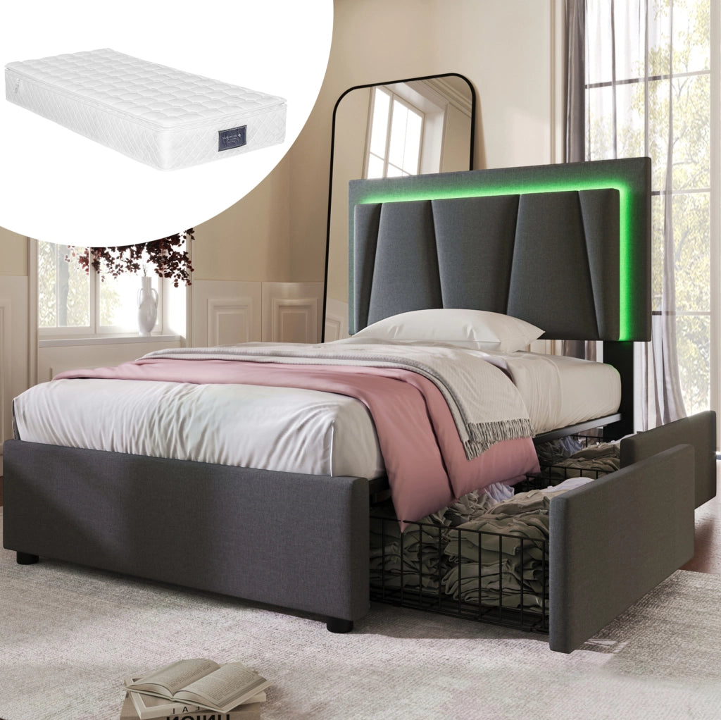 Letto singolo 90x200 cm imbottito con testiera regolabile; LED e 2 cassetti; grigio