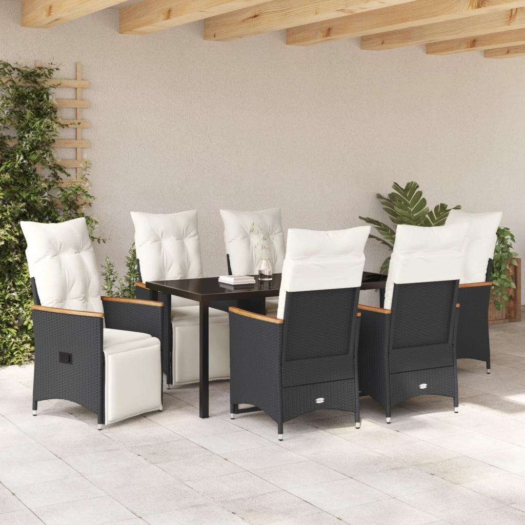 Set da Pranzo da Giardino da 7 Pezzi con Cuscini Nero Rattan Polimerico