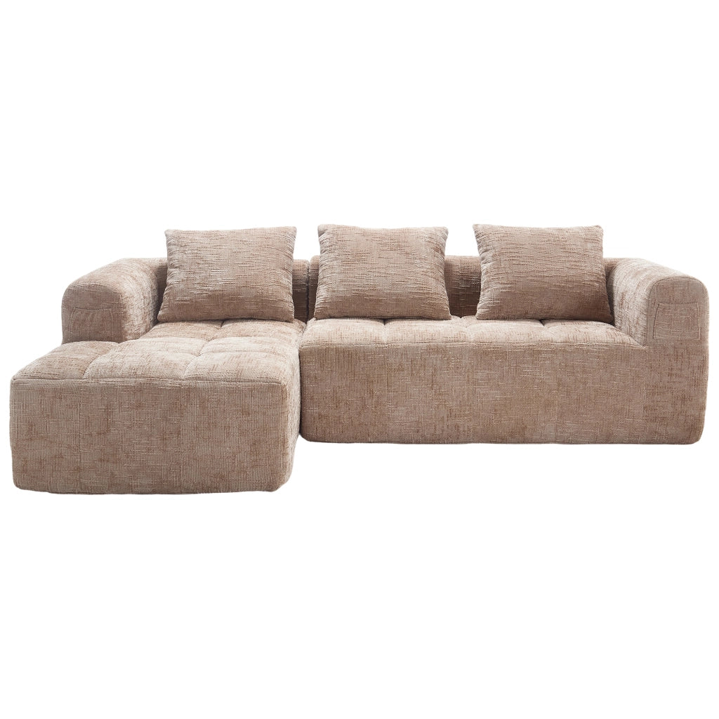 Divano angolare modulare in chenille color khaki, con chaise longue, tasche laterali e 3 cuscini