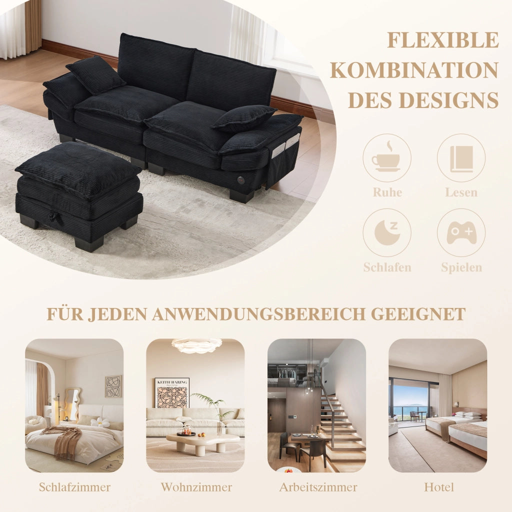 DIVANO 2 POSTI 190x132x84 cm in Corduroy Nero con Pouf