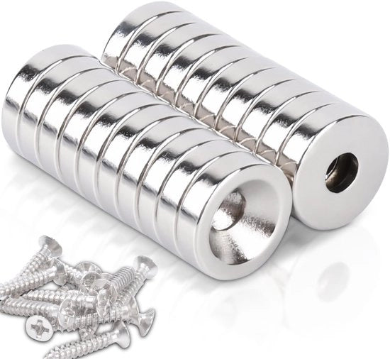 Magnetici neodymium extra forti con apertura 12x3 mm, 20 pezzi con viti, magnetici neodymium con foro, piccoli magneti forti piani per frigorifero, magazzino, ufficio