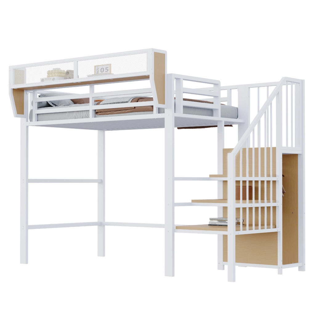 Letto a soppalco 90x200 cm in metallo e MDF con scala di sicurezza; bianco