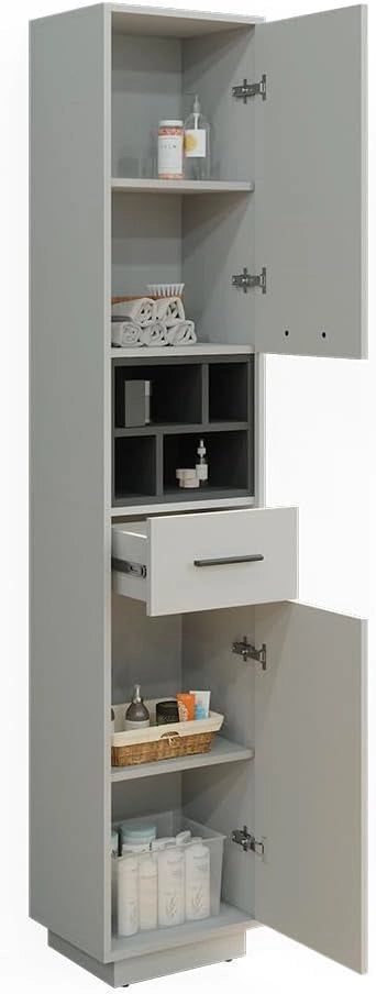 Armadio per il bagno Beatrice, Grigio/antracite, 38 x 190 cm Con ante, cassetti e scomparti, per la conservazione di articoli da bagno e compatibile con Beatrice