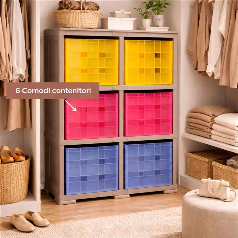 SCAFFALE 2 MODULI TALPA 79X41X125 CM CON 6 CONTENITORI CUBO A SCORRIMENTO – LIBRERIA ORGANIZZATORE VERTICALE PER CAMERETTA E ZONA STUDIO