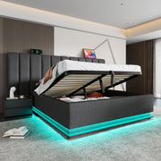 Letto contenitore 160x200 cm con LED 360°, ricarica USB-C, struttura in metallo e lino, grigio