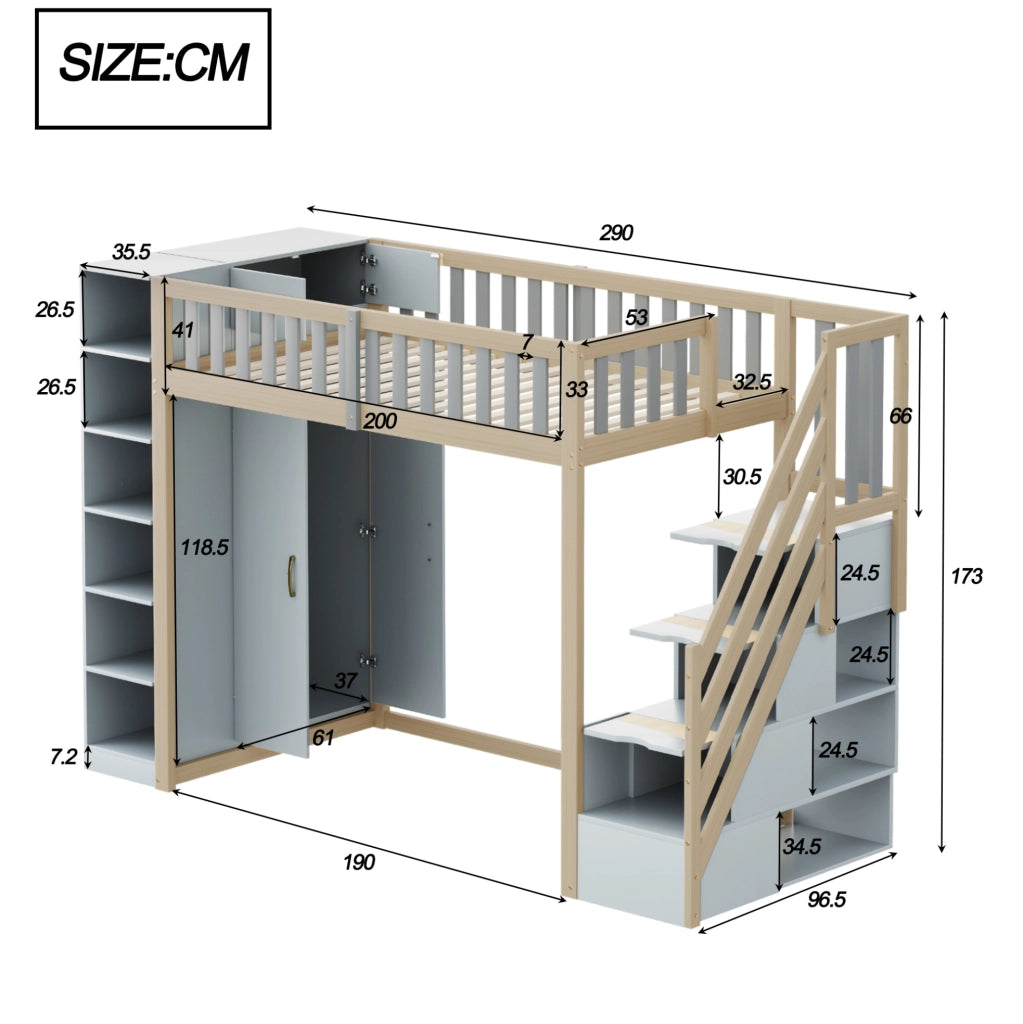 Letto a soppalco 90x200 cm con armadio e scale, grigio