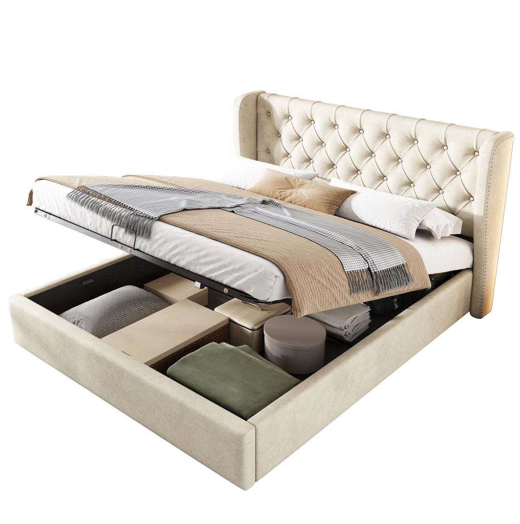 Letto contenitore matrimoniale 140x190 cm in velluto beige