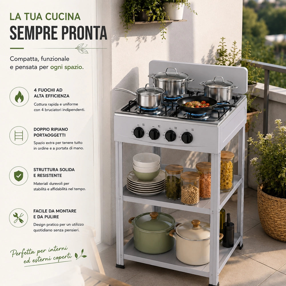 Cucina da Esterno con 4 Fuochi Grigio Cucinotto da Campeggio in Ferro 49x49x79cm