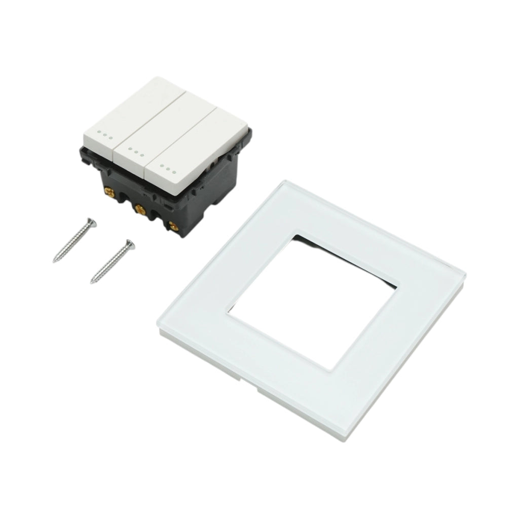 Interruttore triplo, bianco, da incasso, 220V, 16AX, spia luminosa, cornice in vetro 86x86x34mm