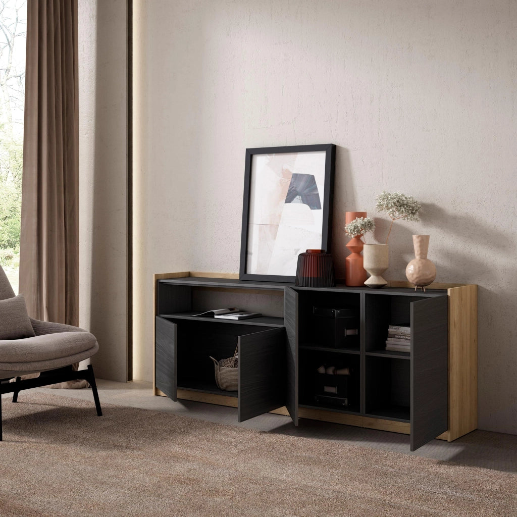 Credenza, Mobile, Cucina, 207x80x37 cm, 4 Porte, grande stoccaggio, Nero e rovere