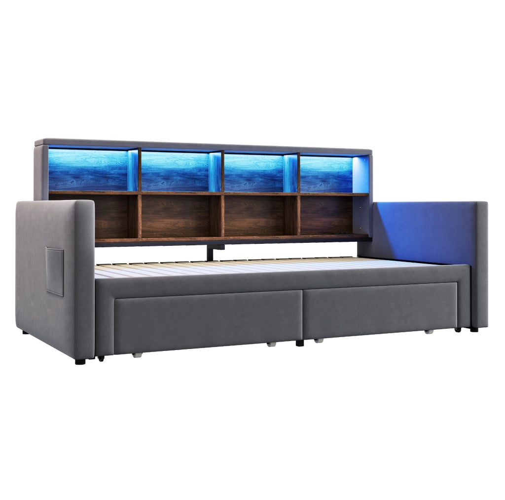 Divano letto imbottito estraibile 90x190 cm in velluto grigio con LED, prese e cassetti