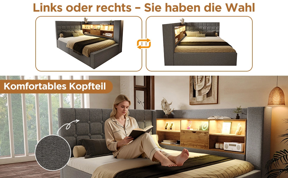 Letto imbottito 140x200 cm con LED, contenitore idraulico, testiera a L, rete e materasso, grigio