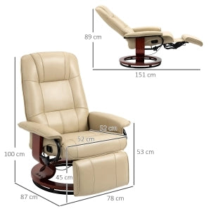 Poltrona relax girevole con schienale reclinabile a 145°, poggiapiedi manuale e base in legno, crema bianco