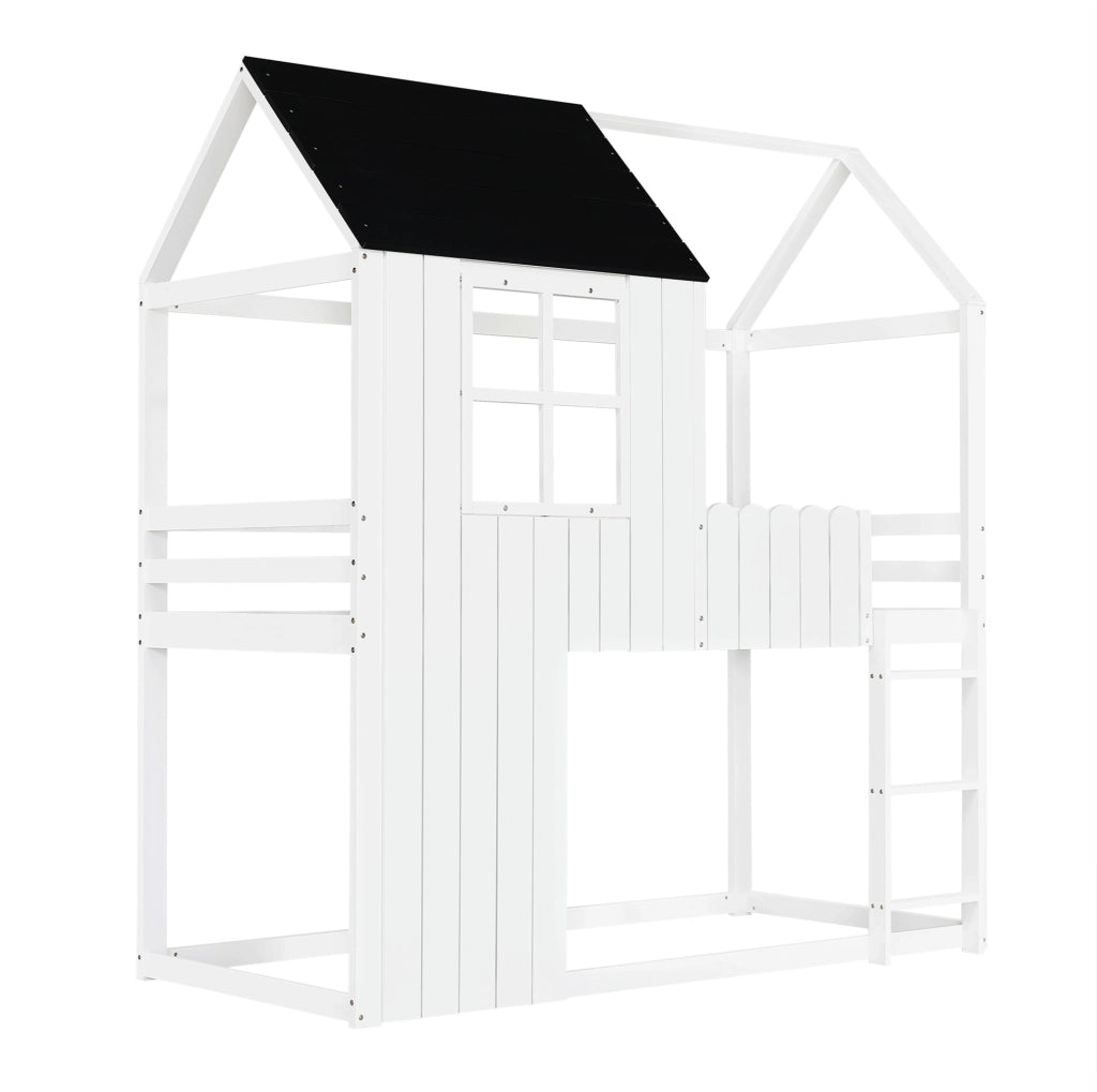 Letto a soppalco 90x200 cm con scala a 3 gradini e spazio sottostante in legno bianco e nero