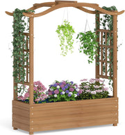 Letto da Giardino Rialzato, Fioriera in Legno con Tetto Sospeso, 2 Tralicci Laterali, Contenitore Inferiore, per Fiori, Verdure e Piante Rampicanti, Aiuola Elevata per Giardino e Terrazzo