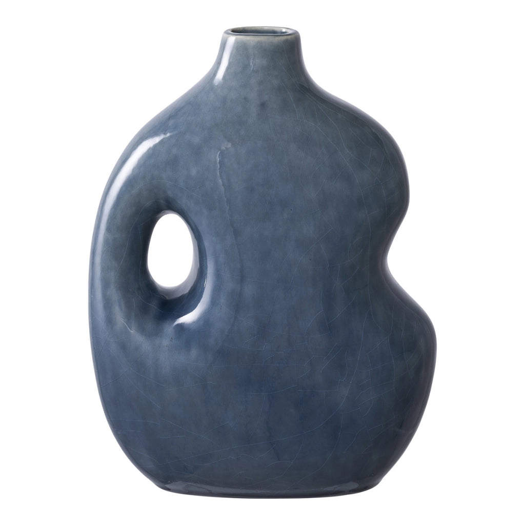 Vaso in ceramica blu con forma organica e manico 18,5x9,5x24,5 cm