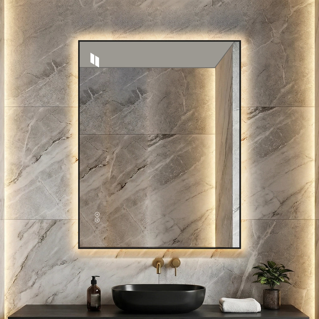 Specchio LED da bagno 70x90 cm con cornice in alluminio, antiappannamento, 3 colori luce