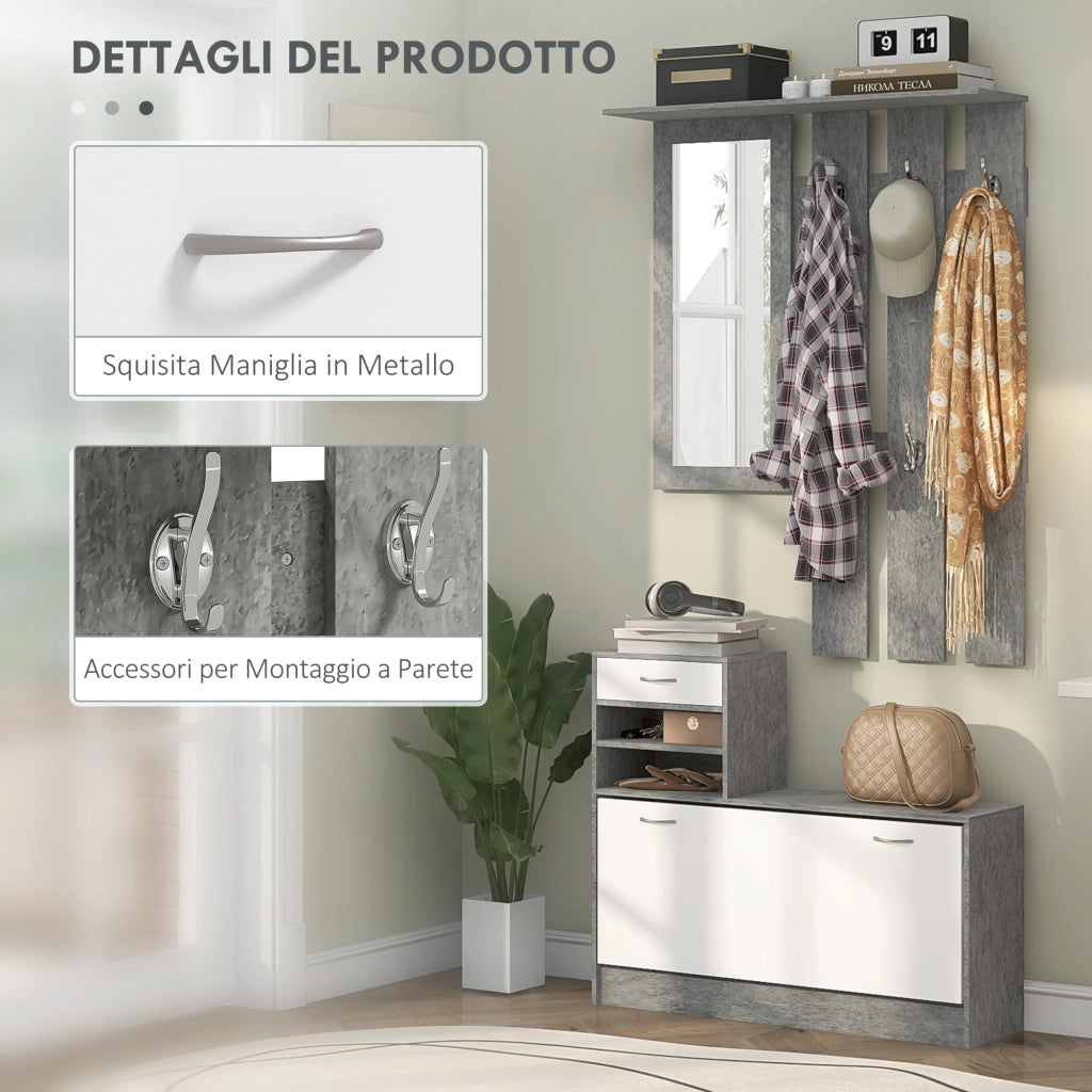 Set Mobile da Ingresso con Appendiabiti a 6 Ganci, Mobile Scarpiera con Cassetto e Specchio, Grigio