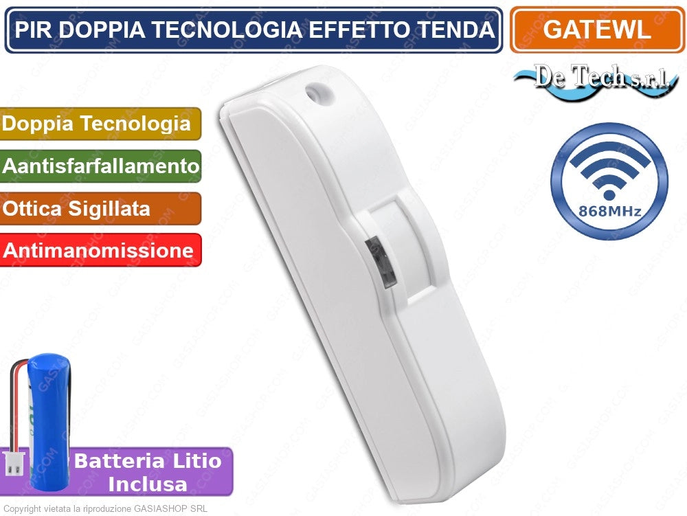 PIR SENSORE RIVELATORE DOPPIA TECNOLOGIA EFFETTO A TENDA ANTISFARFALLAMENTO WIRELESS 868MHZ