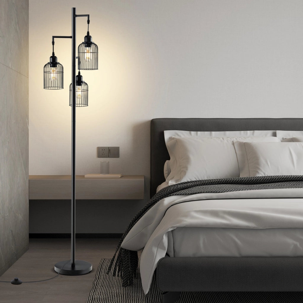 Lampada da terra moderna di 169 cm con 3 paralumi a gabbia interruttore a pedale, Lampada da terra industriale Nero-Lampade
