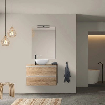Mobile bagno sospeso 80 cm rovere miele con top e specchio tondo Master