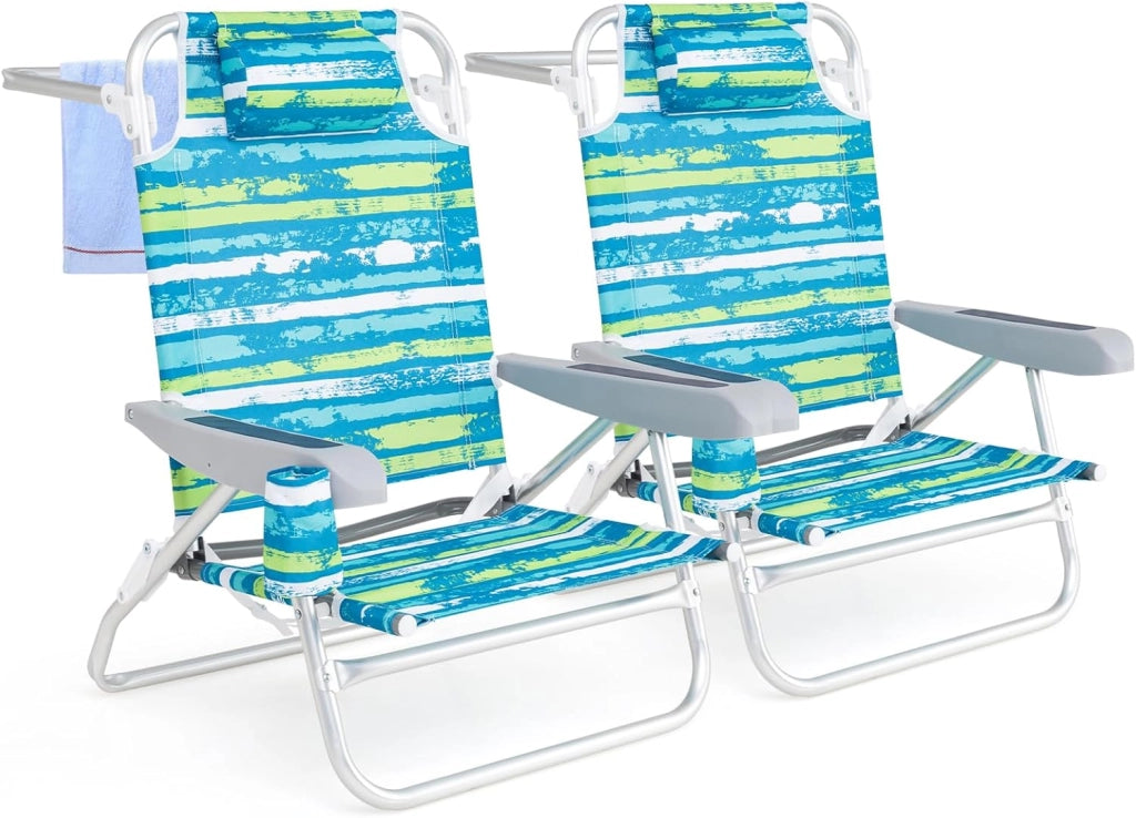 Set di 2 Sedie Pieghevole da Spiaggia, Lounge Sdraio con 5 Posizioni Regolabili, Poltrona da Mare con Cuscino, Porta Asciugamano, Braccioli & Portabicchieri, Portata 150 kg (Blu)