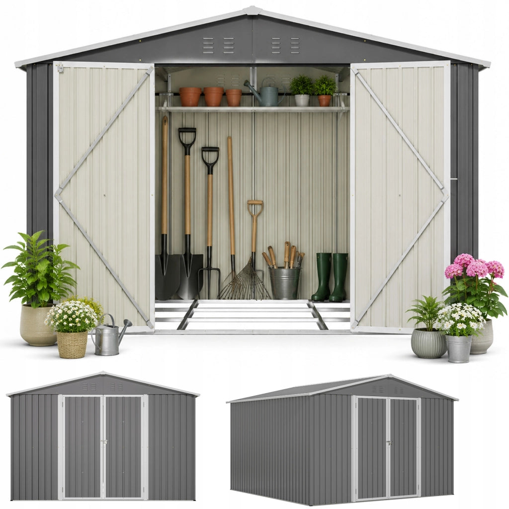 Casetta da Giardino Metallica Grigia Con Cornice di Base Porta Serrabile Resistente Intemperie 300x311x200cm