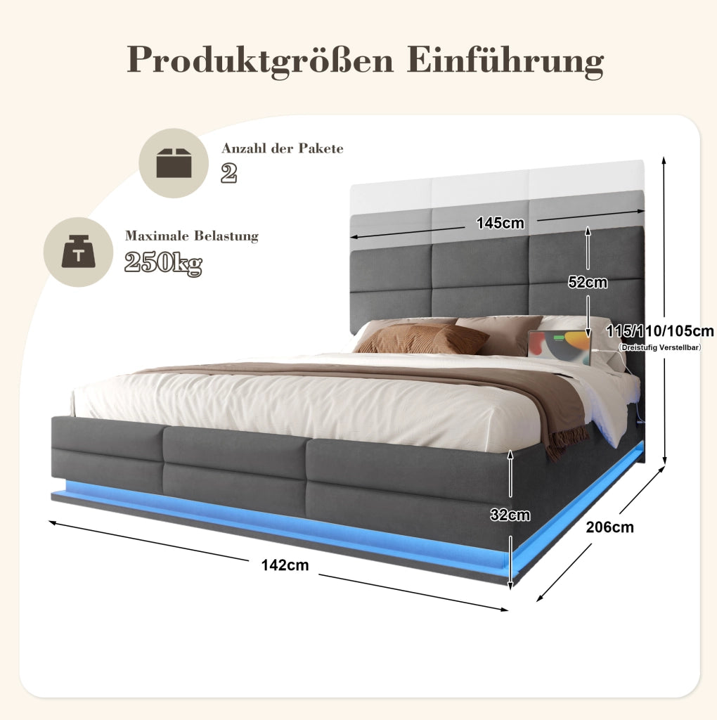 Letto 140x200 in velluto grigio con LED, USB e vano contenitore