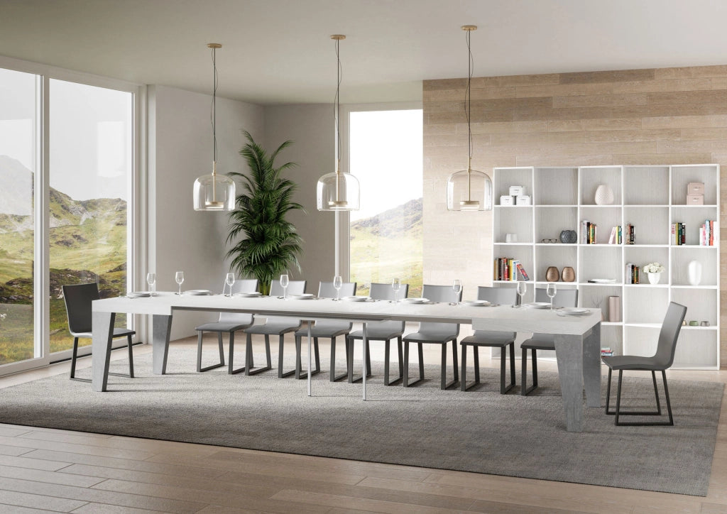 Tavolo Allungabile 130/390x90x77 cm Naxy Mix piano Bianco Frassino gambe Cemento