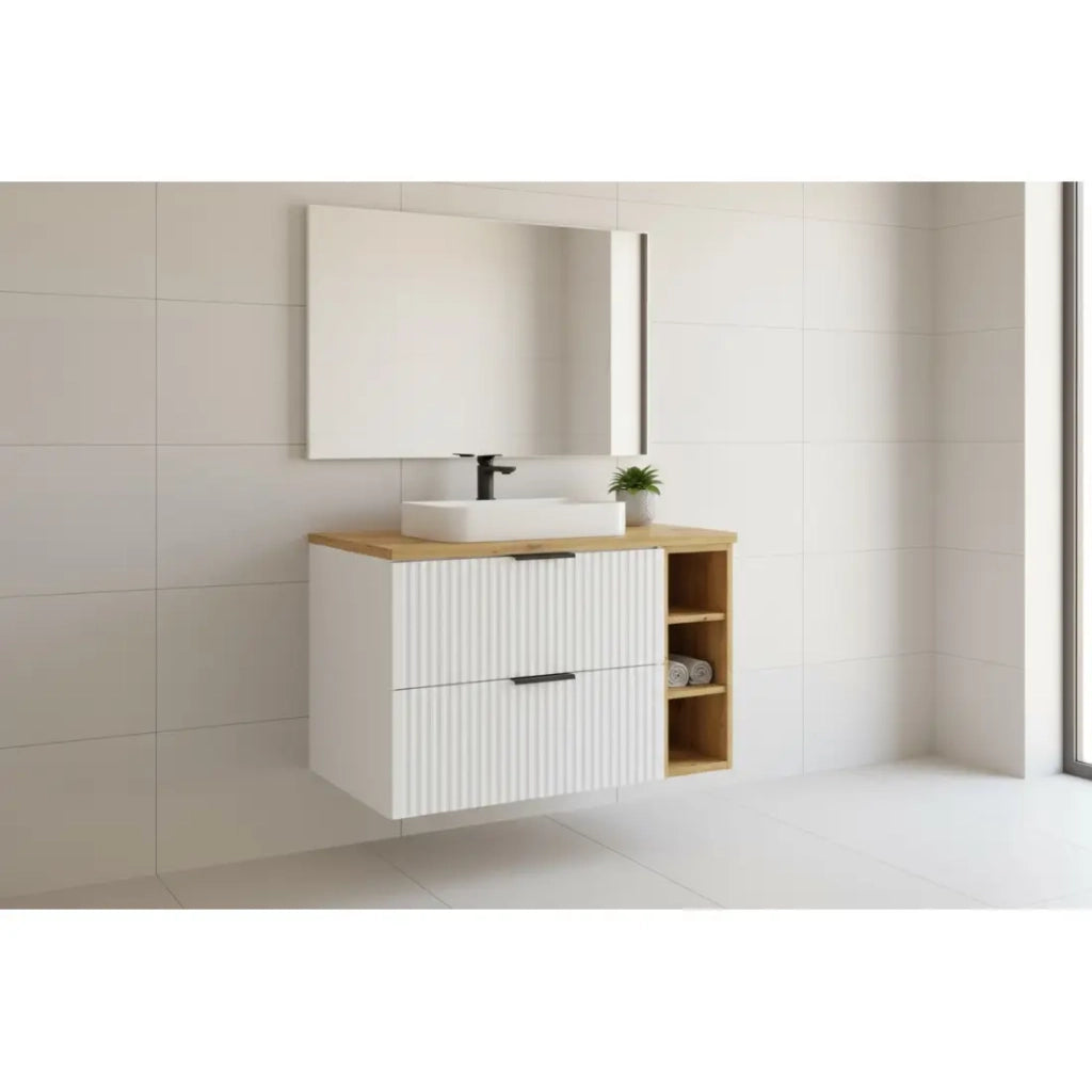 Set da bagno NOXERA 80 cm – Mobile sottolavabo sospeso bianco alpino con piano per lavabo in rovere e nicchie aperte