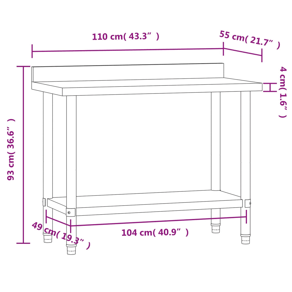 Tavolo Lavoro Cucina con Paraschizzi 110x55x93cm Acciaio Inox CFW2855988