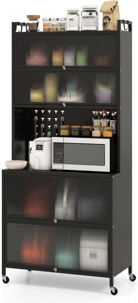 Credenza da Cucina a 5/6 Livelli, Armadietto Dispensa con 4 Ruote Universali, 4 Ganci e 10 Tasselli, Ripiano in Ferro, Mobile Buffet per Soggiorno, Sala da Pranzo (Grigio, 80 x 40 x 164 cm)