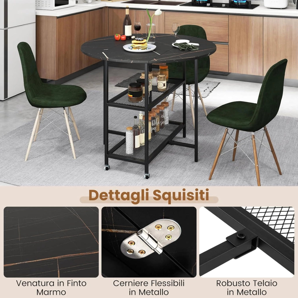 Tavolo Pieghevole Salvaspazio 100 x 100 x 80 cm, Tavolo da Pranzo Estensibile per 2-4 Persone con 2 Mensole di Stoccaggio e Ruote Bloccabili per Soggiorno, Appartamento e Ufficio (Nero)