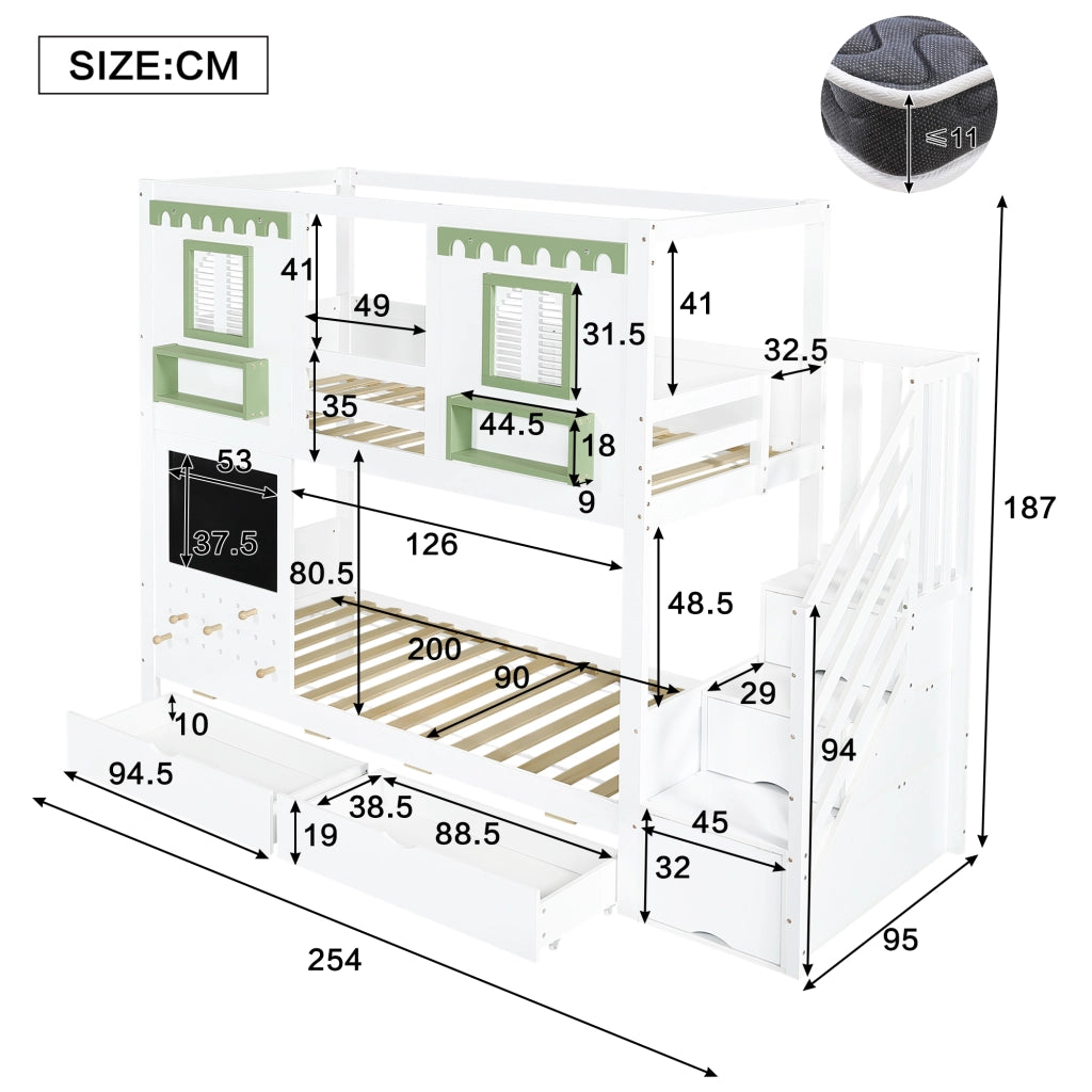 Letto a castello per bambini 90x200 cm con scala contenitore, 2 cassetti, lavagna e pannello forato, bianco+verde