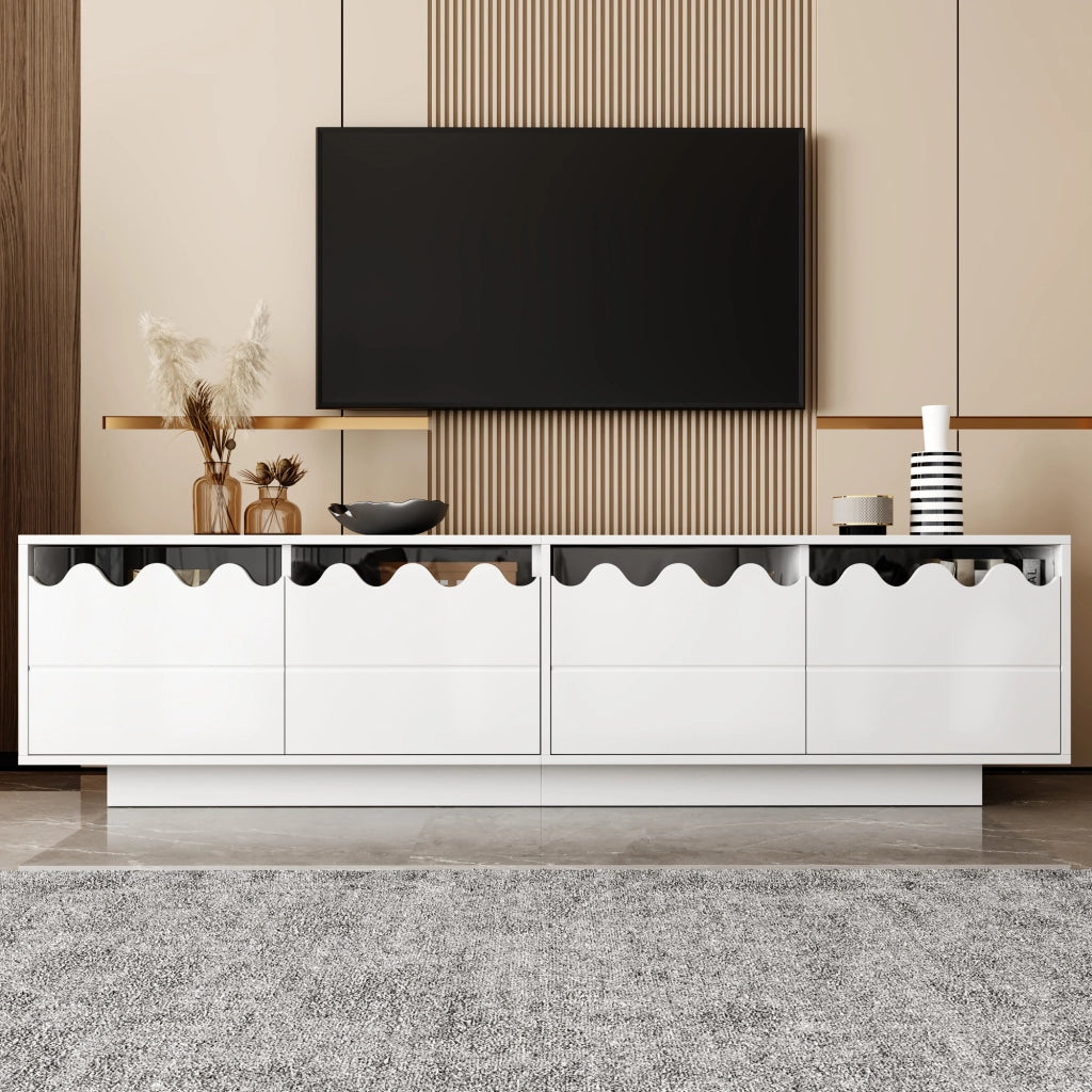 Mobile TV con 4 Ante e Ripiani in Vetro Temperato; Design Ondulato Moderno; 170??40??45 cm; in MDF; Bianco