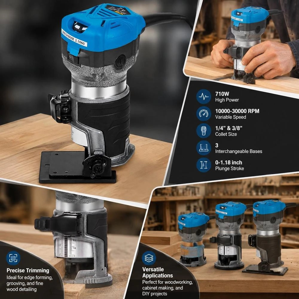Wood Router, 710 W, Compact Wood Router With 3 Bases, 10.000-30.000 Rpm Edge Router, 1/4" & 3/8" Multi-function Router With Tilt Base, Plunge Base, Laminator For Woodworking