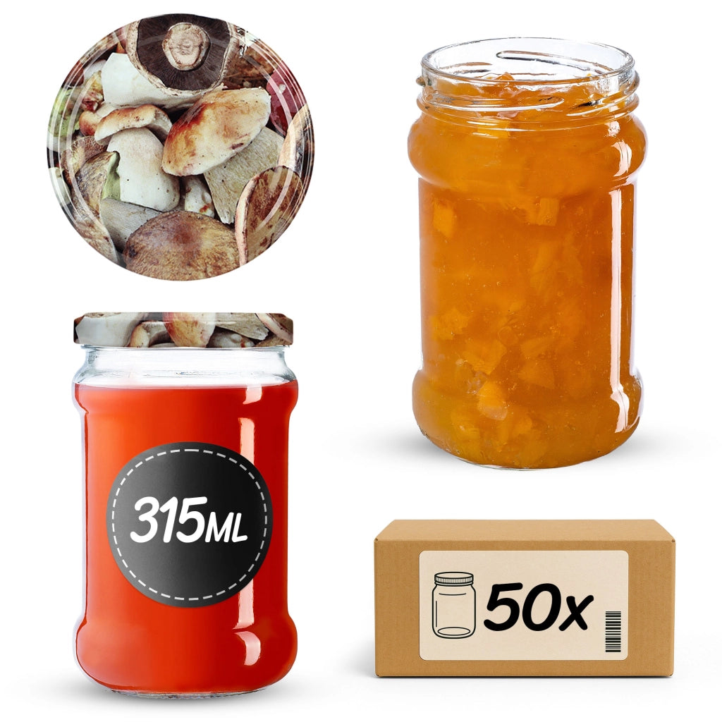 KADAX Seno barattoli per conserve 315ml 50 pezzi 66mm + coperchi "Funghi"