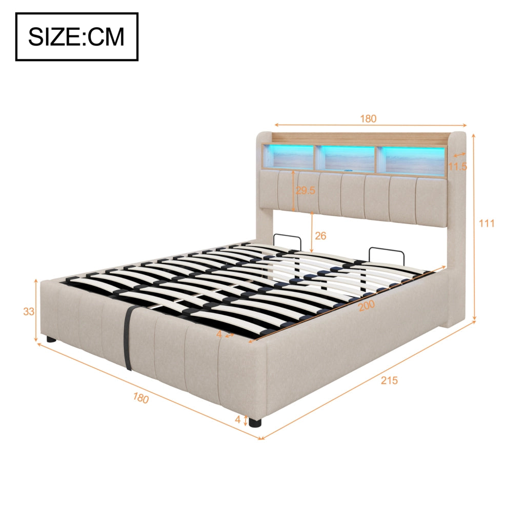 Letto matrimoniale imbottito 180x200 cm con LED; USB e contenitore; in lino beige
