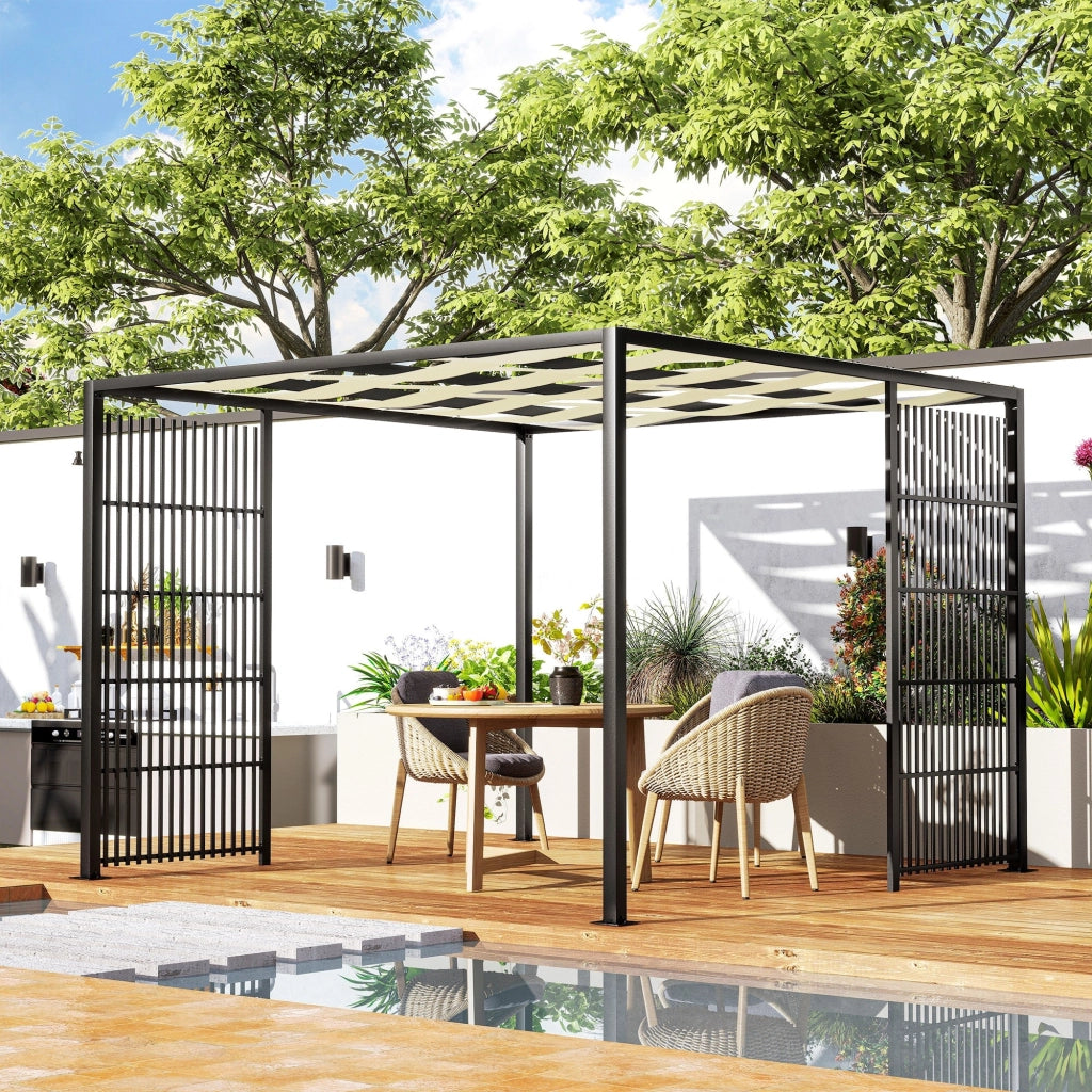 Pergola Gazebo da Giardino 295x295x210 cm Copertura Ondulata e Pannelli Laterali in Metallo Nero