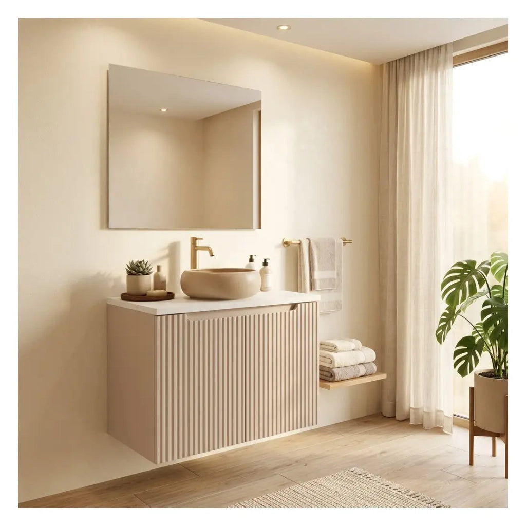 Insieme VANO cachemire e bianco 80cm : mobile sottolavabo con armadietti scanalati verticalmente + piano per lavabo bianco opaco