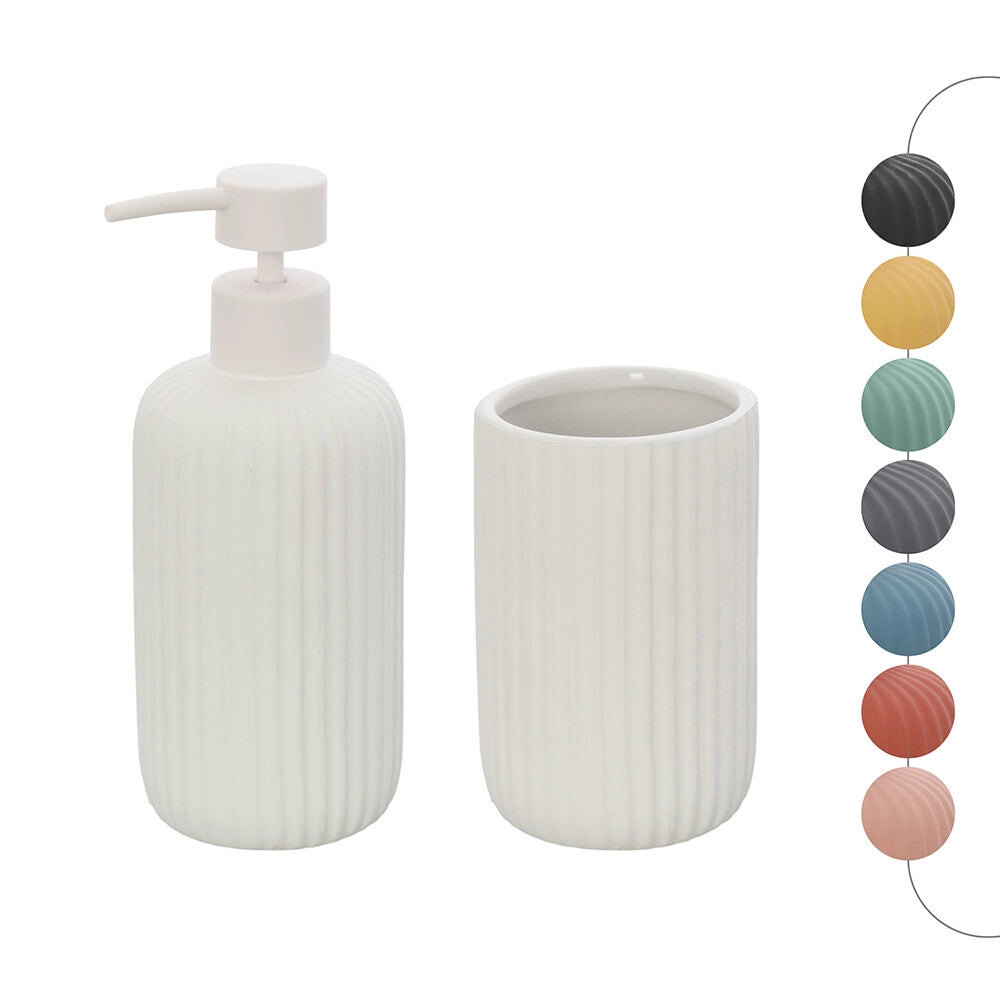 Set accessori bagno in ceramica bianca con dispenser sapone e due portaspazzolini Spring