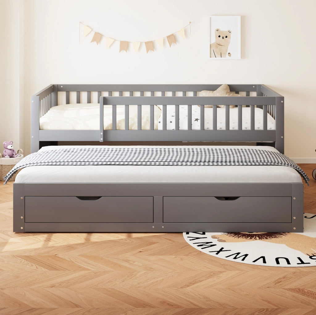 Divano letto 90x200 cm con letto estraibile e 2 cassetti in legno grigio
