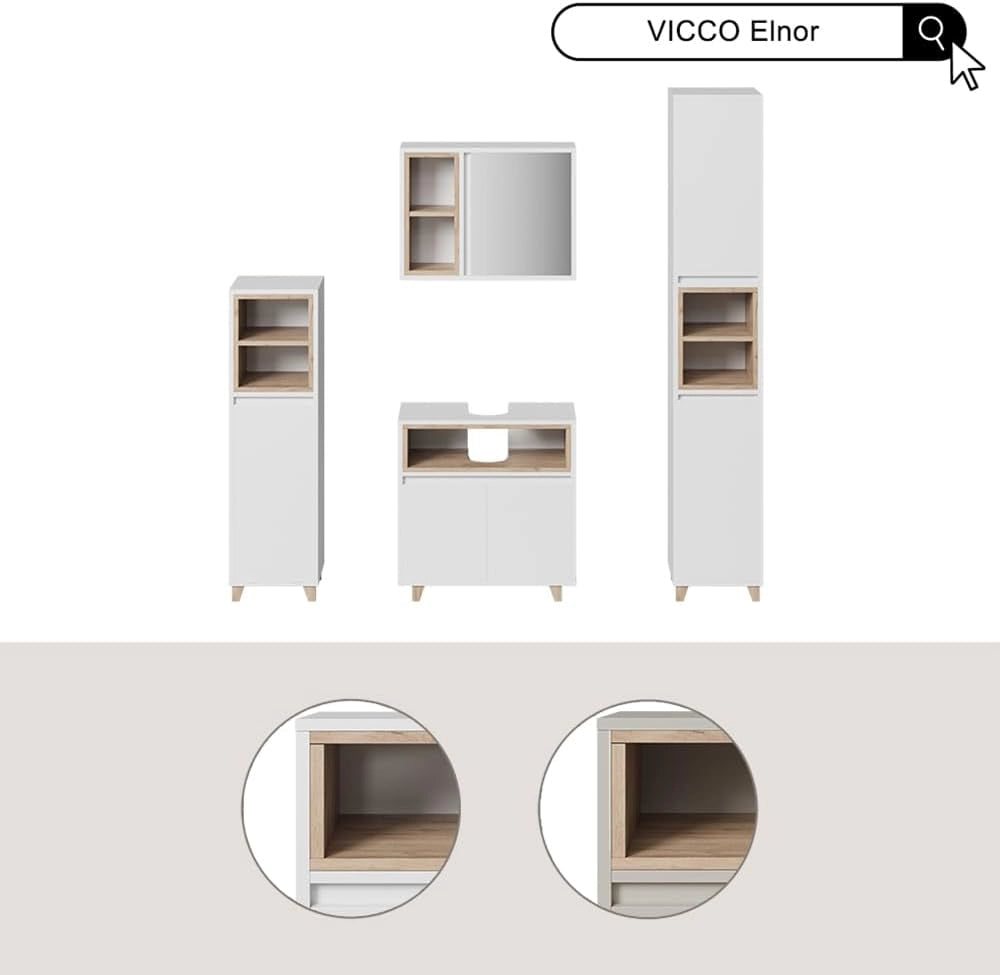 Set di mobili da bagno Elnor, Grigio, 60 cm, composto da mobile sottolavabo, specchiera e colonna alta
