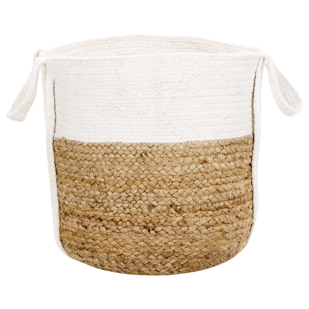 Cesto portaoggetti in juta e cotone beige e bianco Cesto portabiancheria intrecciato con manici