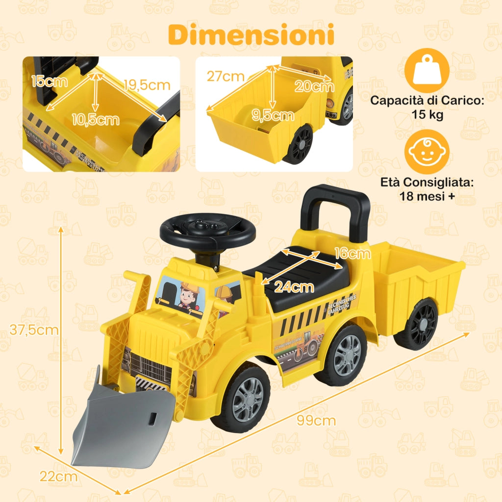 Macchinina spinta bambini rimorchio pala escavatore bulldozer neve vano portaoggetti sedile-Musica clacson scivolamento 19-36 mesi Gialla